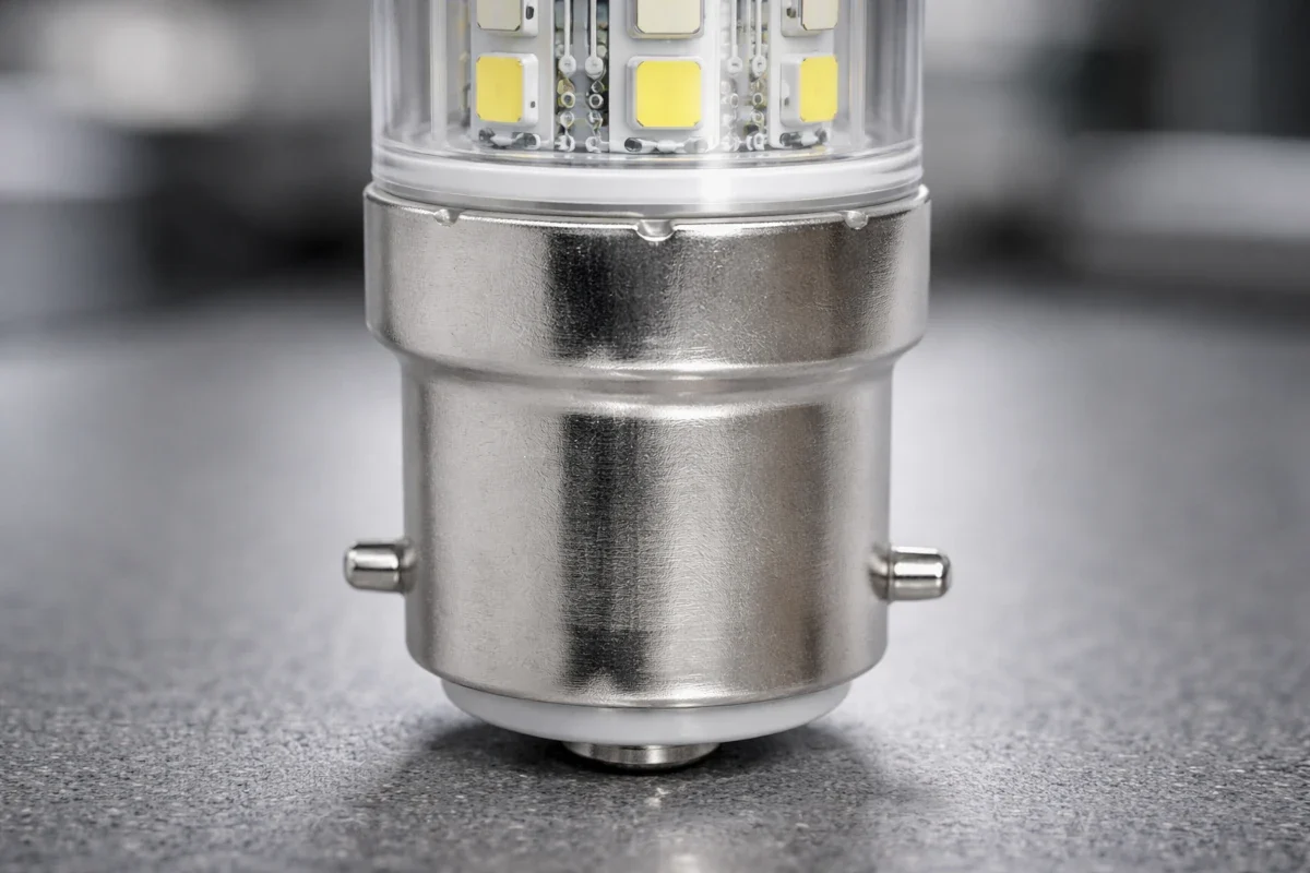 B22s Sockel für 230V Direktbetrieb im industriellen Bestand B22s Bajonettsockel mit zwei Raststiften und einem Boden-Kontakt in technischer Umgebung