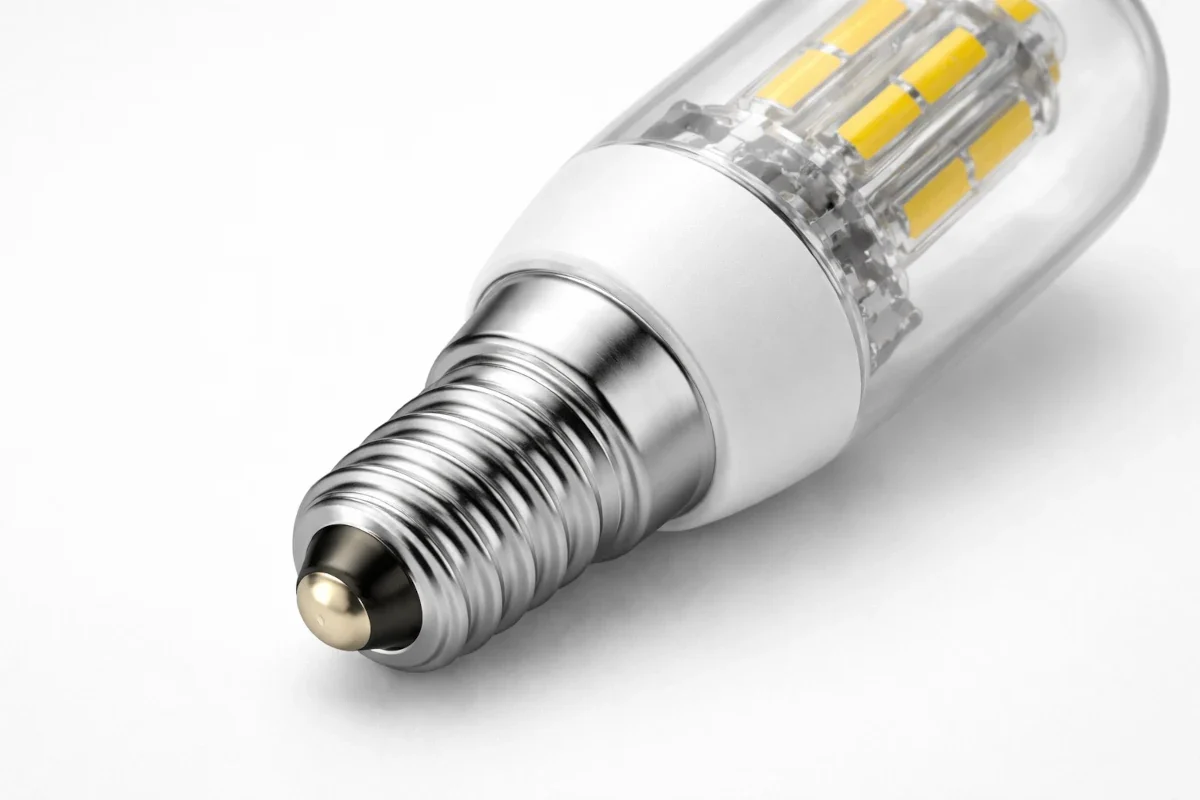 E14 LED Schraubsockel – 14 mm für Notbeleuchtung und technische LED-Anwendungen E14 LED-Leuchtmittel mit 14 mm Schraubsockel, Detailansicht des Metallgewindes für technische Anwendungen