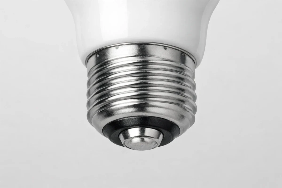 E27 LED Schraubsockel – 27 mm für Industrie- und Notbeleuchtung E27 LED-Leuchtmittel mit 27 mm Schraubsockel, Detailansicht des Metallgewindes für technische Anwendungen