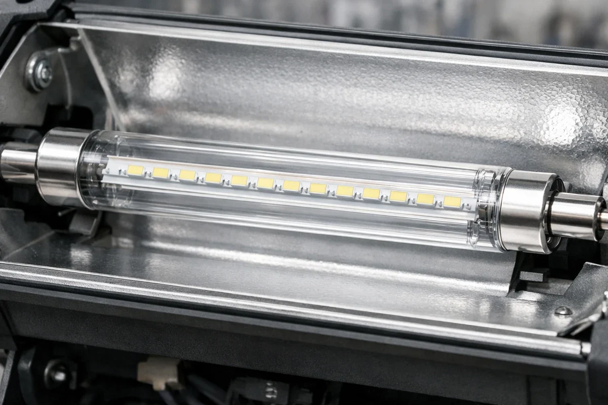 R7s LED Retrofit für 230V Fluter und industrielle Anwendungen R7s LED-Stableuchtmittel mit beidseitigen Kontakten in geöffnetem Industriefluter montiert