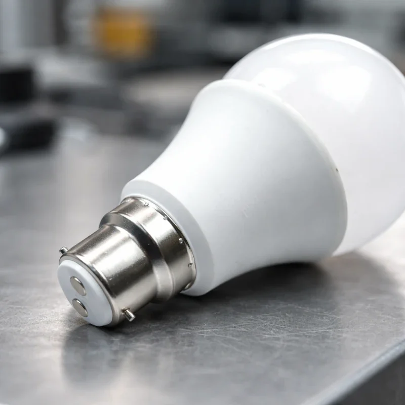 B22d Sockel für 230V Direktbetrieb im industriellen Bestand B22d Bajonettsockel mit zwei Raststiften und zwei Boden-Kontakten in technischer Umgebung