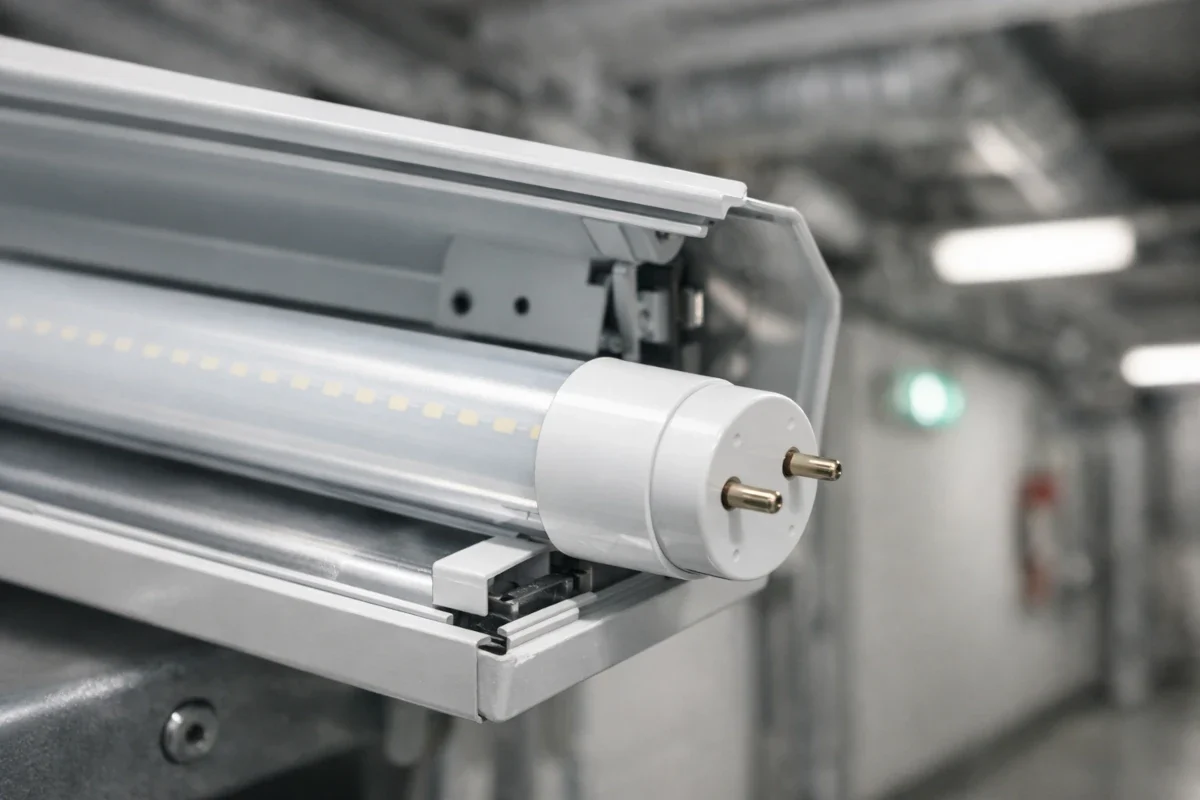 T8 LED für Notbeleuchtung – G13 Röhre für AC/DC und Zentralbatterie T8 LED-Röhre mit G13 Sockel in Industrie-Leuchte für Notbeleuchtung