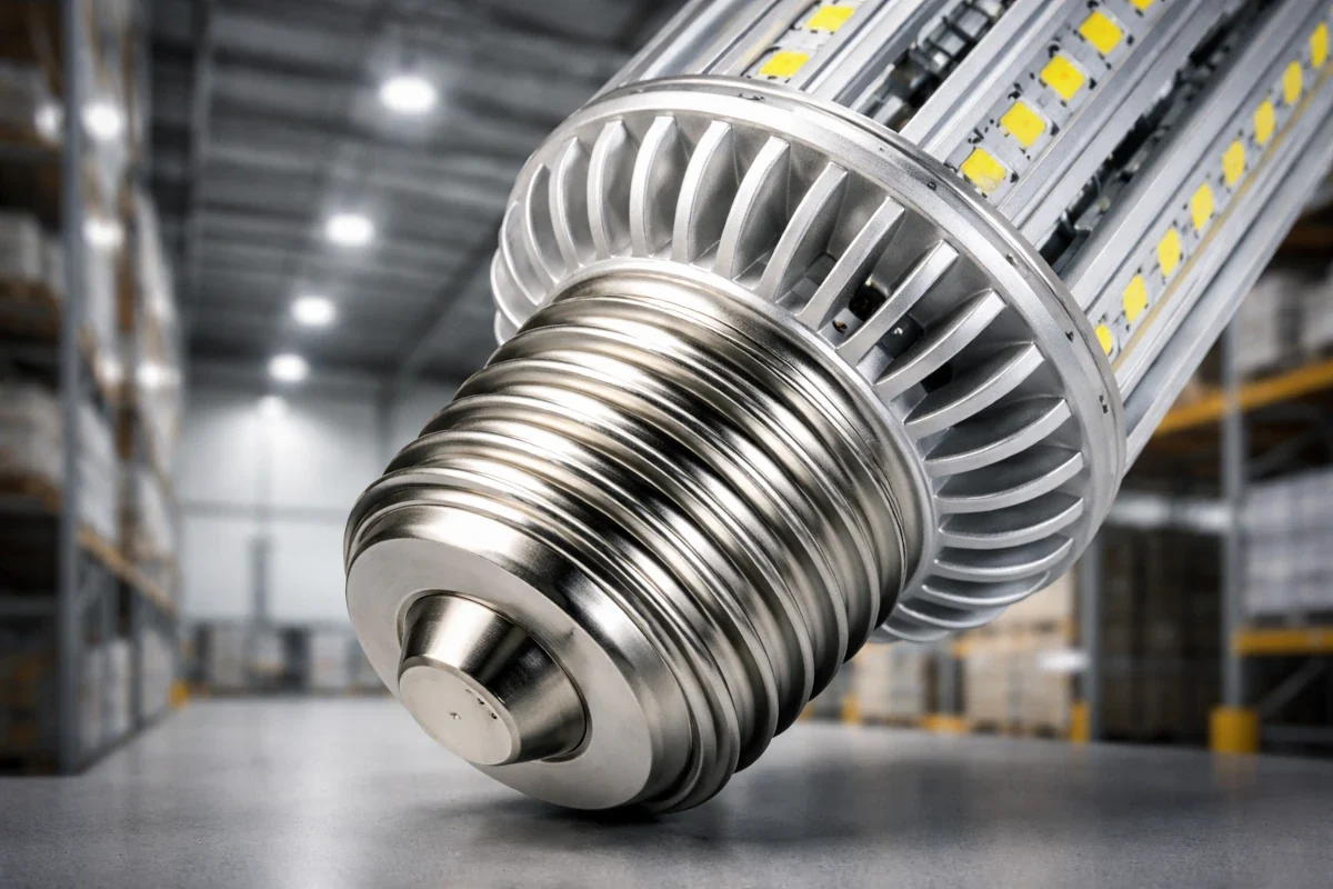 E40 Sockel für industrielle 230V Hallenbeleuchtung E40 LED-Leuchtmittel mit 40 mm Schraubgewinde und Kühlkörper in Industriehalle