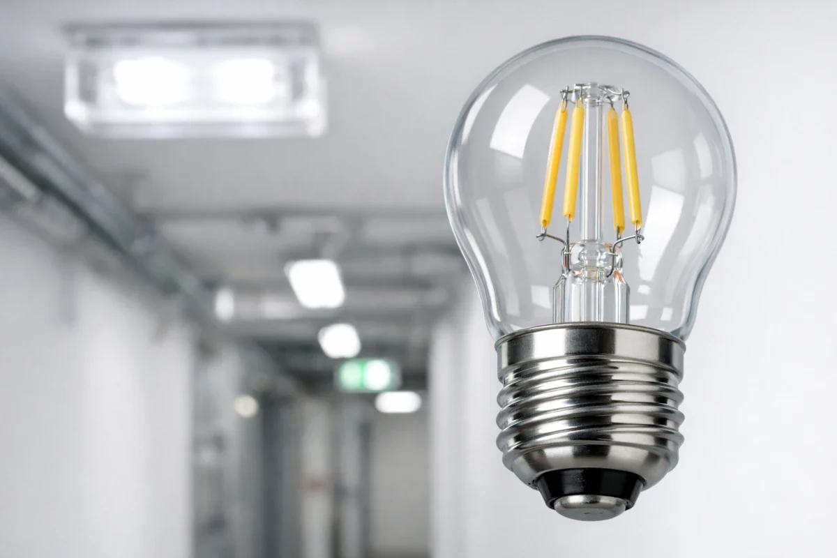 E27 LED für Notbeleuchtung – 27 mm Sockel für AC/DC Systeme E27 LED-Leuchtmittel mit 27 mm Schraubsockel vor technischer Notleuchte im Hintergrund