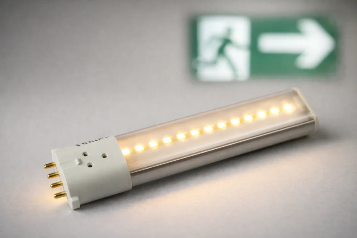 2G11 LED Retrofit für CFL Ersatz in technischen Anwendungen und Fluchtwegbeleuchtung 2G11 LED Kompaktleuchtstofflampen Ersatz mit warmweißem Licht vor unscharfem Notausgangsschild