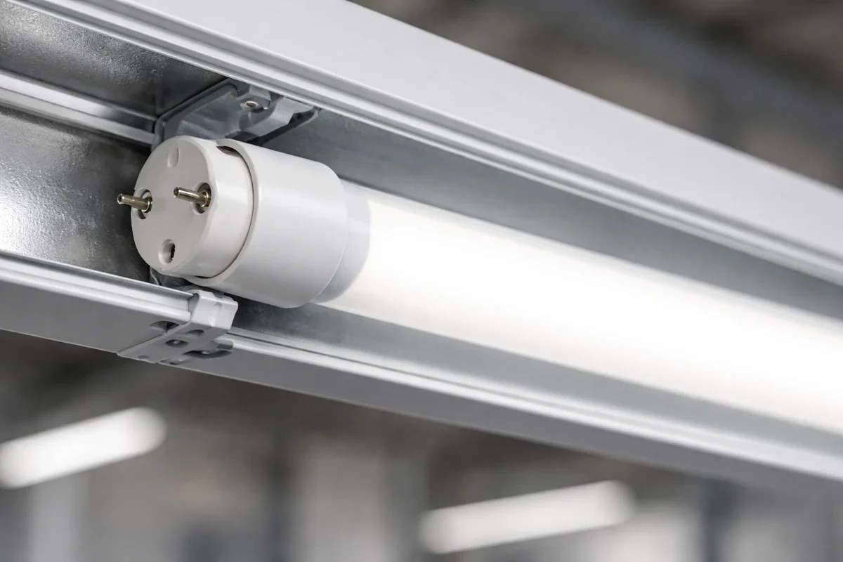 T8 Röhre mit G13-Sockel für Retrofit in gewerblichen Bestandsanlagen T8 LED-Röhre mit G13-Sockel in industrieller Deckenleuchte, zylindrischer Durchmesser sichtbar