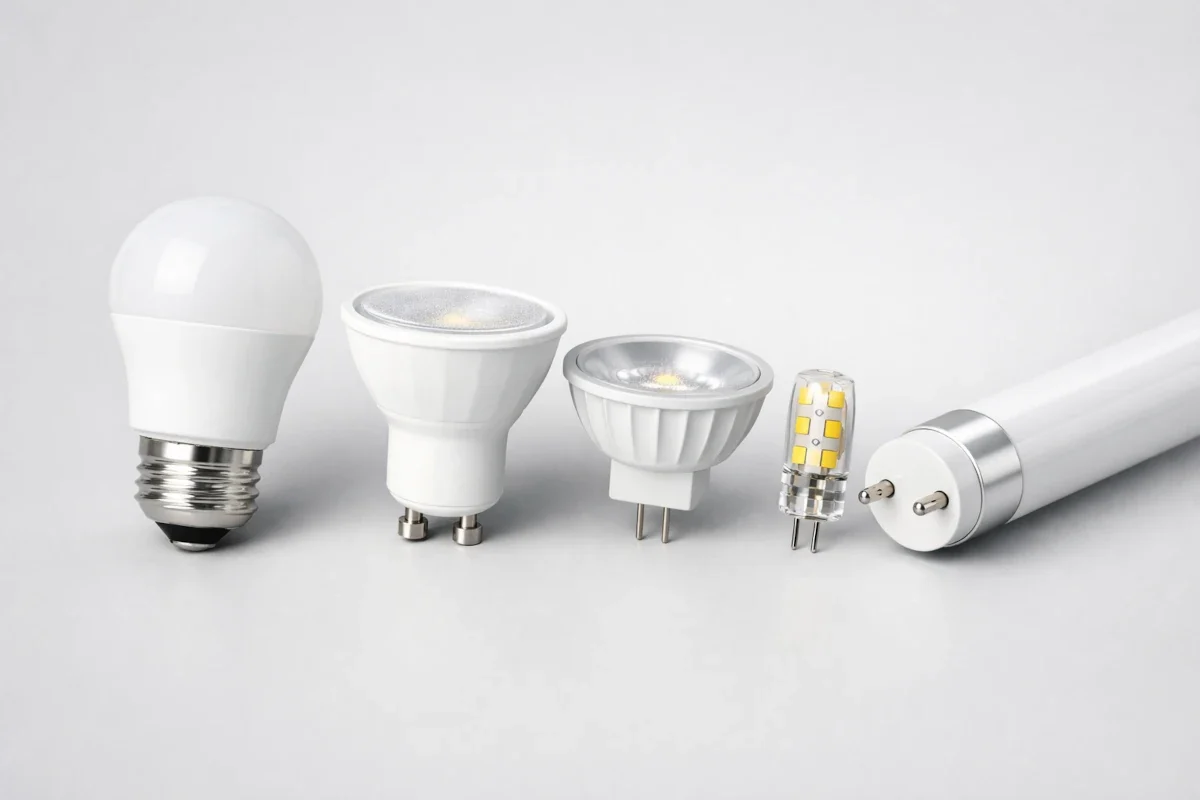 LED Sockeltypen mechanisch unterscheiden für sicheren Retrofit im Bestand Vergleich mehrerer LED-Sockeltypen mit sichtbaren Gewinden, Pins und Bajonettkontakten