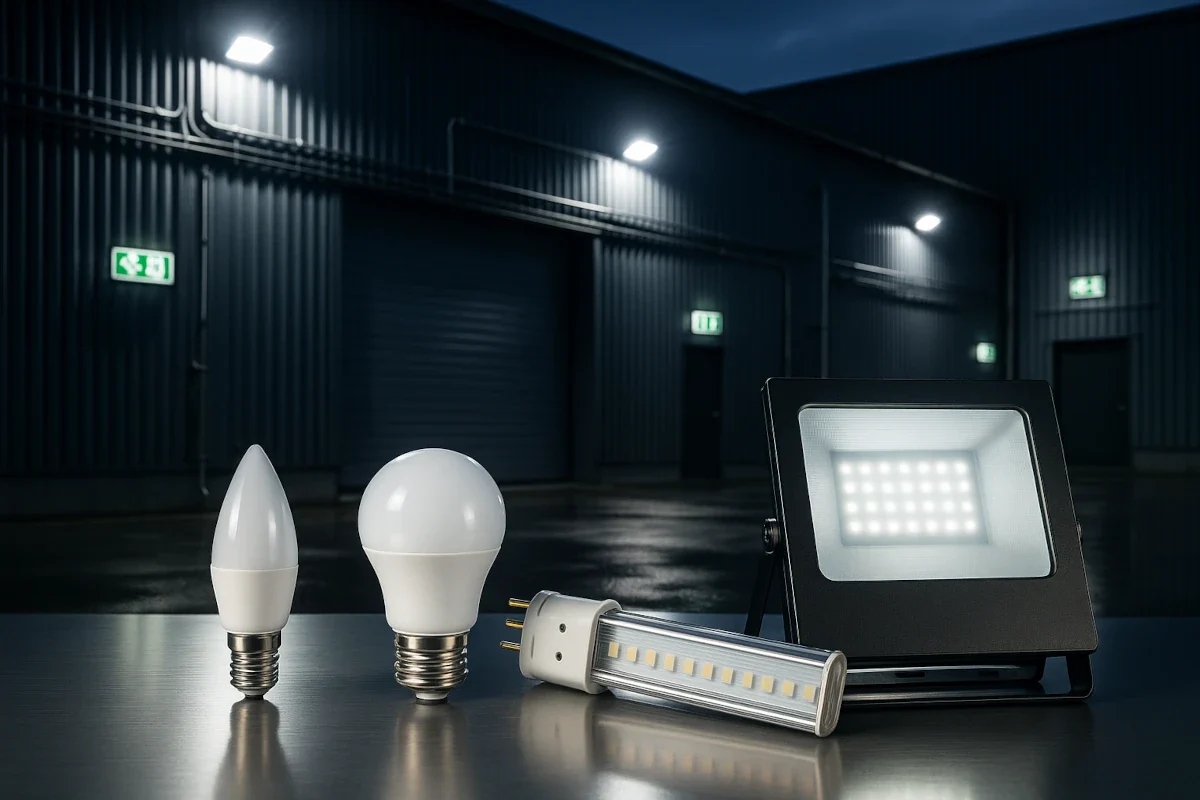 AC/DC LED-Fluter mit E14/E27 Retrofit-Leuchtmitteln für Industrie und Notbeleuchtungssysteme LED-Fluter IP65 beleuchten Industriehalle bei Dämmerung, im Vordergrund E14-, E27- und Kompaktleuchtstofflampen als Retrofit-Beispiele